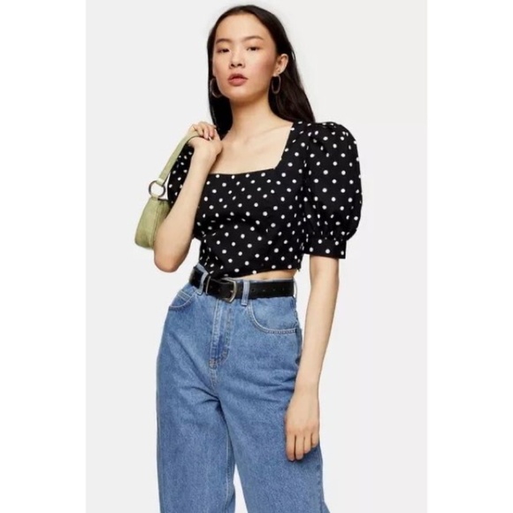 TOPSHOP Spot Puff Sleeve Poplin Corset Crop Top Black Polka Dot - Picture 2 of 5